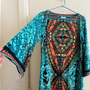 Beige by Eci Women Shift Dress 12 Boho Southwestern Geometric Bell Sleeve Resort